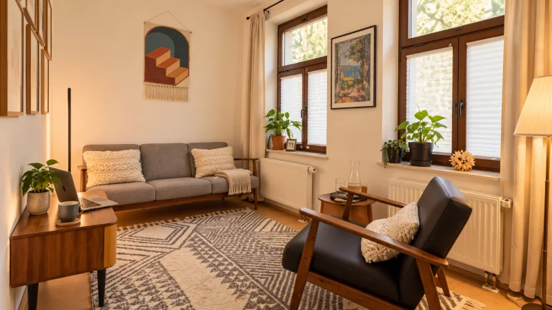 KI-gestützt bearbeitete Darstellung eines Therapieraums mit Sofa, Sessel und warmem Licht.