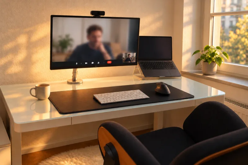 KI-gestützt bearbeitete Darstellung eines Arbeitsplatzes für Online-Therapie mit einem Videogespräch auf dem Bildschirm.